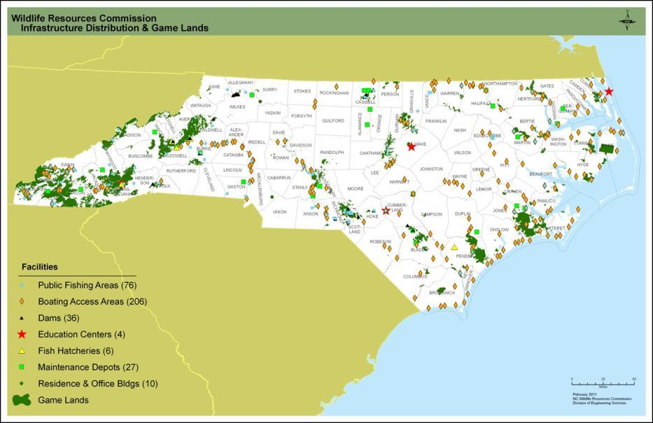 Agency Infrastructure: 2 Million acres of public game lands 49 lakes and ponds, including 31 dams 73 waterfowl impoundments 39 camping areas on game lands 130 parking