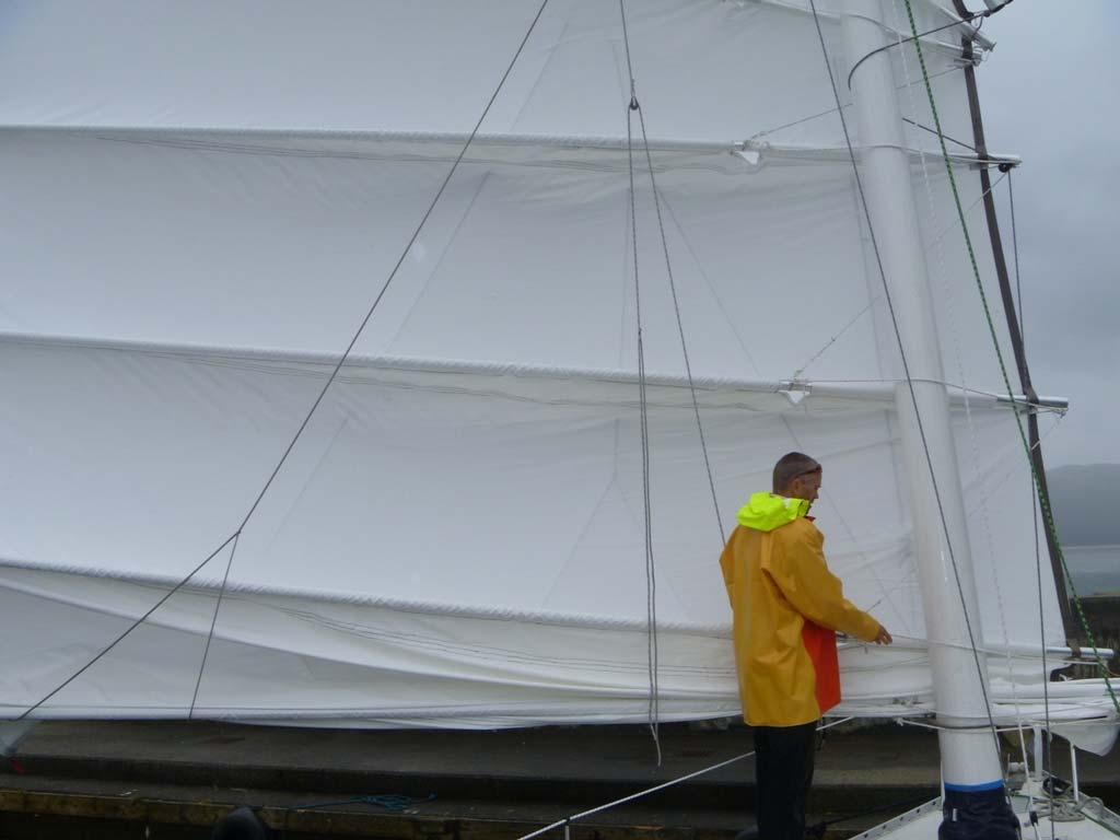 2. July In a light tailwind we were able to hoist the sail and tie on the HK parrels. Each HK parrel was adjusted until the diagonal crease disappeared.