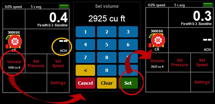 Figure 39: Set the [Volume] needed for ACH Result from Home screen The [Volume] key on the Settings menu provides another way to enter the volume of the enclosure or building under test.