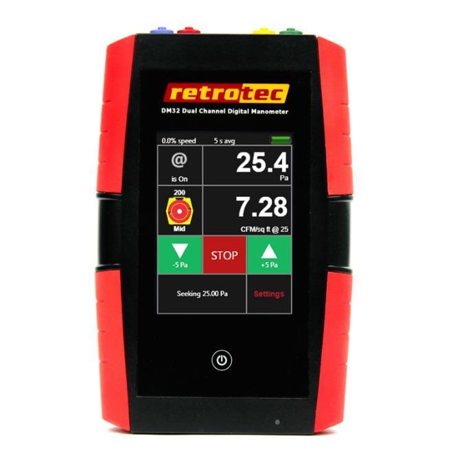 1. Introducing the Retrotec DM32 series of digital gauge The DM32 is the next generation digital manometer, with touchscreen and two digital pressure sensors.