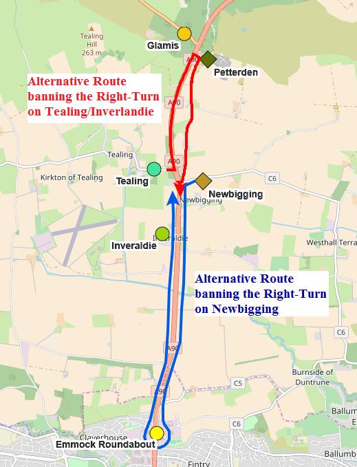 Page 43 Alternative route for right-turn bans at Tealing Alternative route for right-turn bans at Newbigging Figure 9.5: Alternative routes for banned manoeuvres 9.