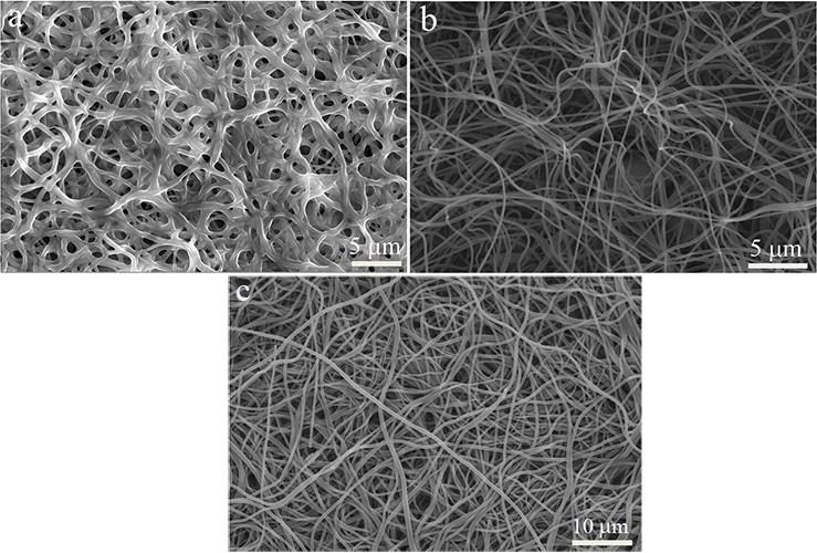 Fig. S5 SEM images of bpei/pva (a), bpei-pan(ht) (b) and bpei-epan after ten