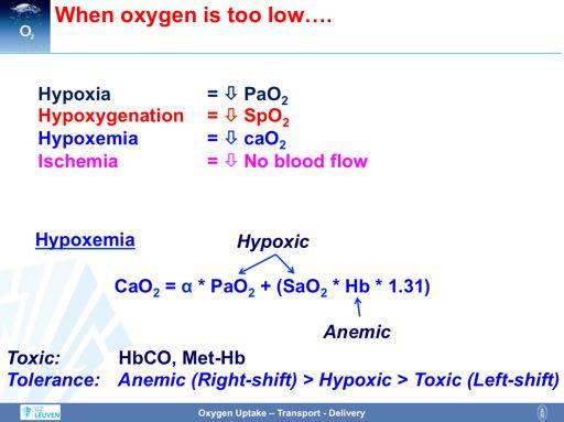 Given the influences of various factors on oxygen status, it is of utmost importance to distinguish between different pathologic conditions. Hypoxia describes a condition in which PaO 2 is too low.