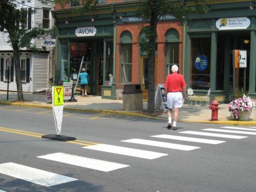 Most of Flemington has sidewalks, and crosswalks are striped at most intersections. Main Street particularly has bold crosswalks and ample warning signage due to municipal efforts in recent years.