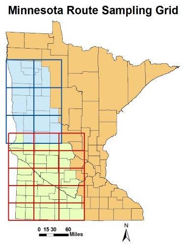 Figure 1. Overlay of northwest and southwest grid blocks on corresponding Minnesota counties, 2015-2016.
