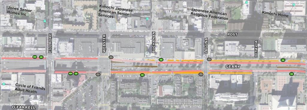 Japantown Stop Locations Original proposal (2013): consolidation of Webster & Laguna stops to new Buchanan stop Community feedback then: preserve stops at Webster, Laguna Revised proposal: local