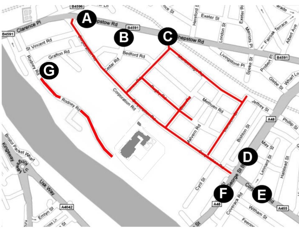 8: Analysis of traffic flows Parade: The area is broadly bounded by two main routes (Chepstow Road to North and Wharf Road/George Street Bridge to West), which have the capacity to carry all diverted
