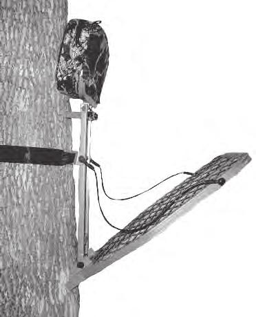 FIGURE 5: ATTACH UCKLE STRAP TO VERTICAL SUPPORT TO SECURE STAND TO TREE WARNING DO NOT LIFT THE FOOT PLATFORM WHILE THE