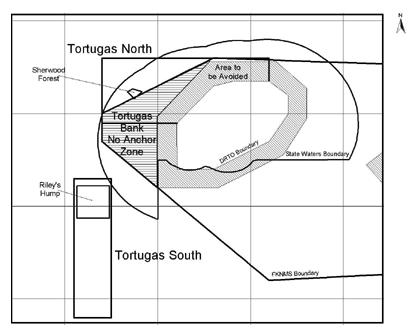 Figure 25. Graphic depicting location of Area To Be Avoided buffer surrounding the DRTO and the Tortugas Bank No Anchor Area implemented on Aug. 7, 1998 (15 C.F.R. 922.164(g)).