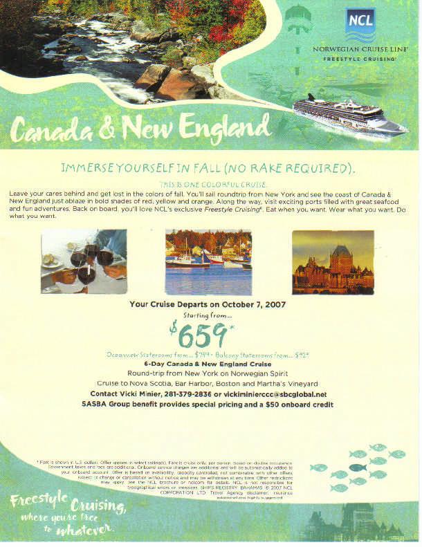 Hey All, The deadline is 4June to book NCL Sasba Fall Cruise at the rates I have. My reserved cabins will be returned to NCL after that date.
