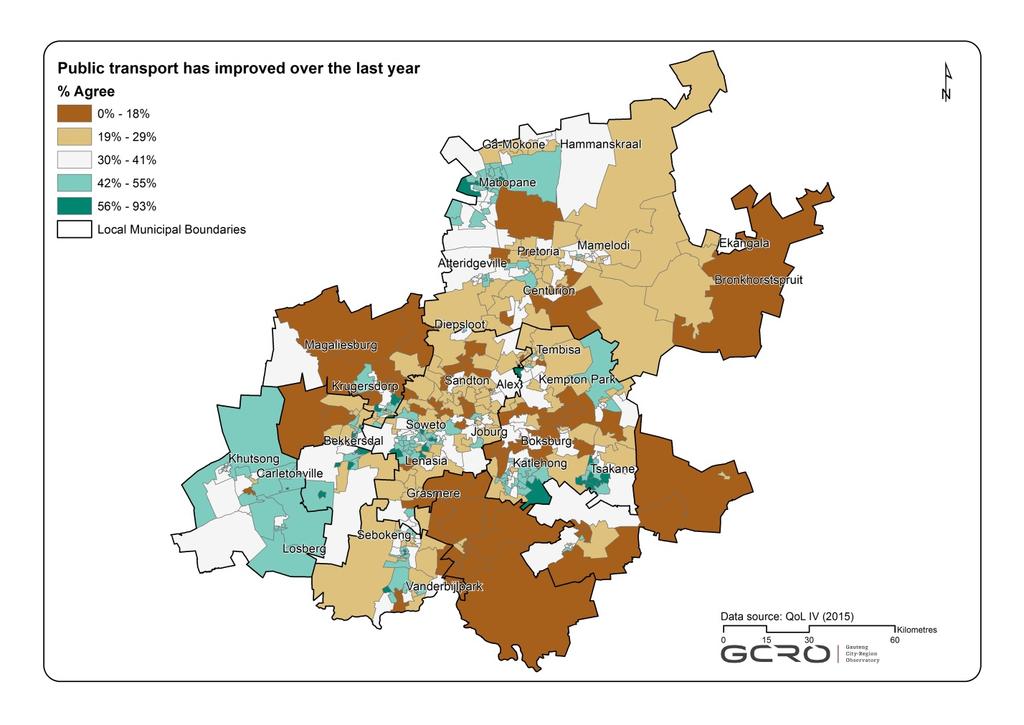 GAUTENG CITY-REGION OBSERVATORY QUALITY OF LIFE SURVEY 1 Figure 6: Spatial spread of respondents that agree that public transport has improved for them or their household in the past year.