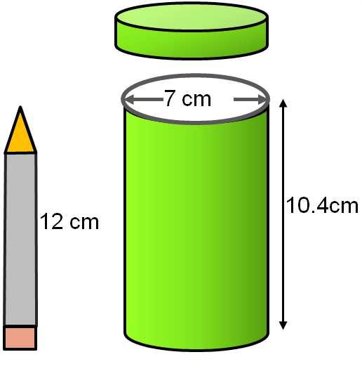 5. Sylvia had a pencil-case in the shape of a cylinder with the dimensions shown. The pencil case had a tight top that fitted snugly. She wanted to put a 12 cm pencil in her pencil-case.