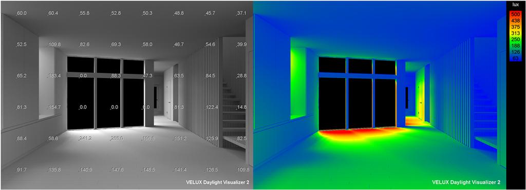 ILLUMINANCE Besides the Daylight Factor, the daylight performance can also get evaluated by simulating the illuminance levels in different parts of a house during various times of the year and sky