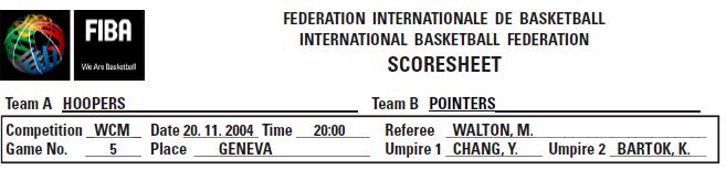 FIBA Scoresheet The Scorer must prepare the scoresheet in the following manner: Inscribe the names of the two teams in the space at the top of the scoresheet.