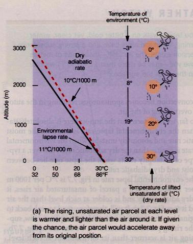 Unstable Atmosphere The atmosphere is unstable if the actual lapse rate exceeds the dry lapse rate (air cools more than 10 C/km) This situation is rare in nature (not long-lived) Usually results from