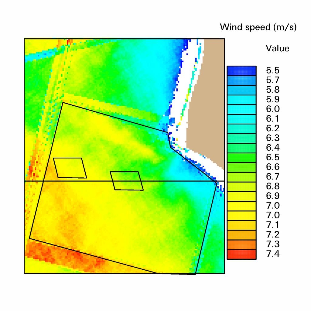 The curved nature of the coast of West-Jutland is found rather clearly in the wind speed variation offshore at least up to a distance of 60