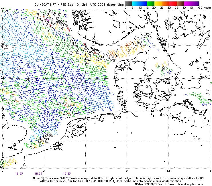 Figure 33: QuikSCAT wind map is from the North Sea and Denmark, 10 September 2003. The arrows indicate wind direction and the colour scale wind speed in knots.