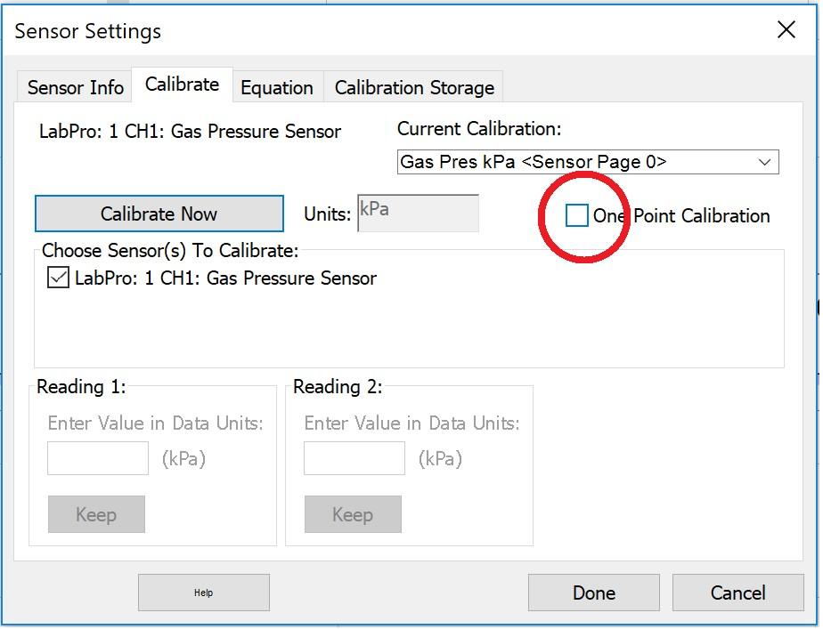 Open up the calibration menu by clicking on Experiment -> Calibration -> sensor 7. De-select the One Point Calibration check box (figure at right). We ll be using a two point calibration 8.