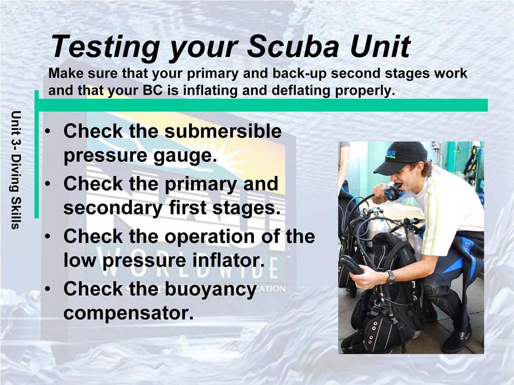Check the submersible pressure gauge. Check to see you have enough air to complete the dive. Check the primary and secondary first stages. Breathe on each to make sure of proper operation.