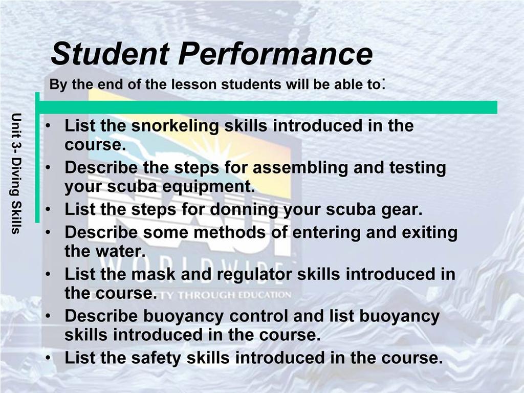 Performance Statement: Describe to the students what will be expected of them, by the