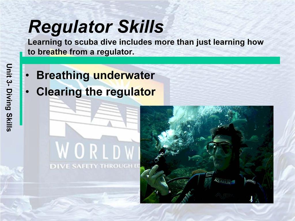 Breathing underwater: When on scuba you do all of the breathing from your mouth. Without a mask you must concentrate on breathing through your mouth.