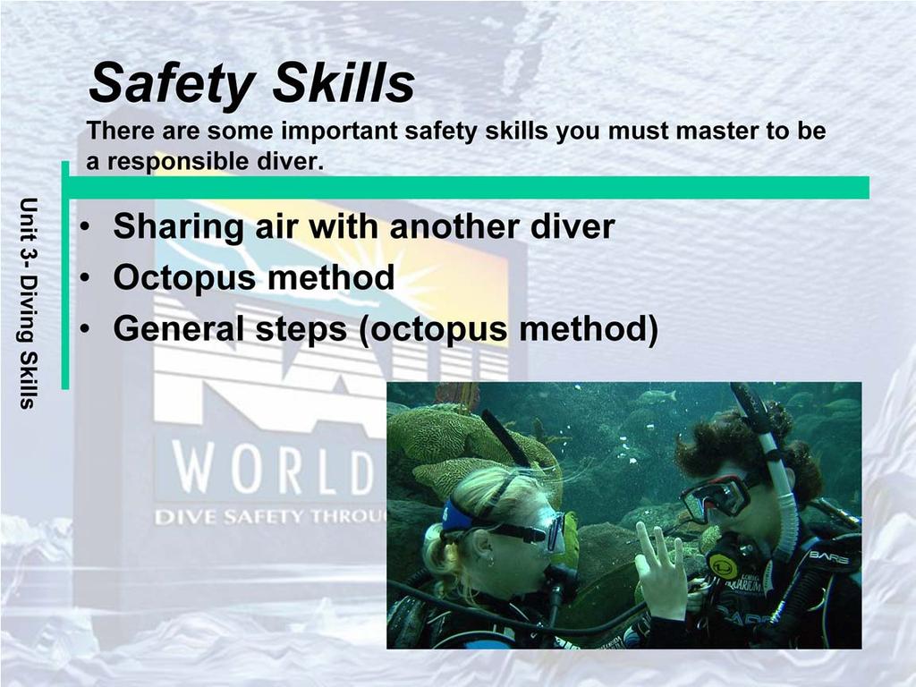 Sharing air with another diver: If you have a contingency air supply, that is the best method of sharing air with your buddy. Octopus method: The preferred method of sharing air with another diver.
