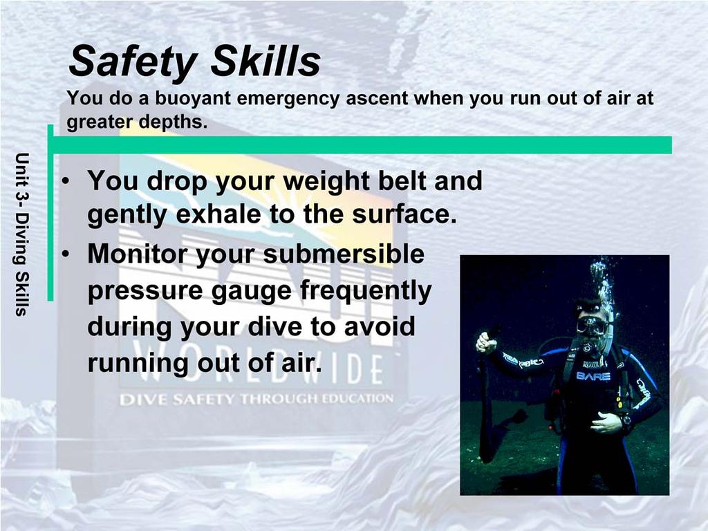 You drop your weight belt and gently exhale to the surface. If you are wearing a wetsuit and drop your weight belt, you should get yourself horizontal in the water and be facing up.