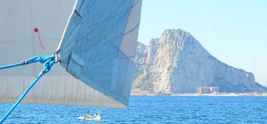 Dolphins just under the sail. The Rock of Gibraltar is behind.