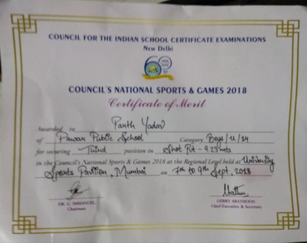 Mast. Parth Yadav, Grade 8 Div D, Akash House, participated in the Council s National Sports & Games 2018 and secured 3 rd position in