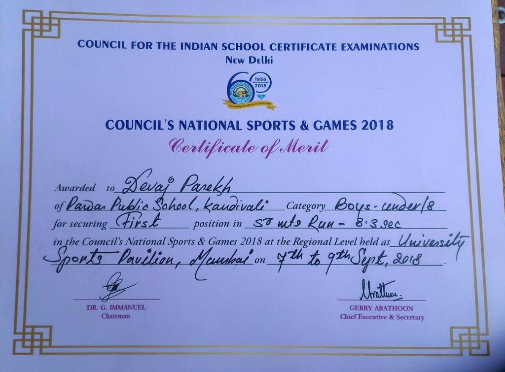 Mast. Devaj Parekh, Grade 2 Div B, Agni House, participated in the Council s National Sports & Games 2018 and secured 1 st position in 50