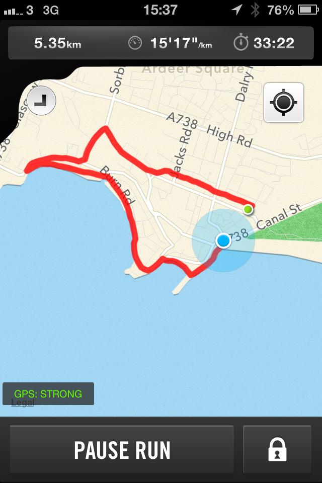 Figure 1: The Nike+ ios app supports the display of a map during a run, but focuses on providing verbal pace, time and distance information. One such activity is running.