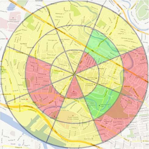 Figure 5: An illustration of RunNav overlaid on a map of the area it represents. The user's current location is in the centre of the circle.