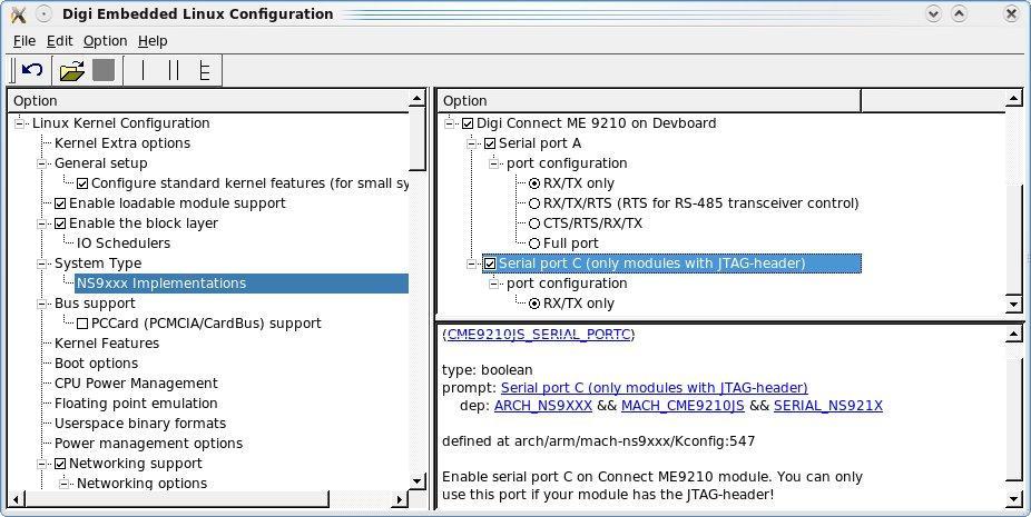 Select Linux Kernel Configuration, Type->NS9xxx Implementations->Digi Connect ME 9210