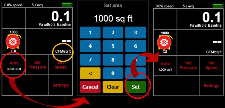Figure 37: Set the [Area] needed for "per Area" type Results from the Home screen The [Area] key on the Settings menu provides another way to enter the area of the enclosure or building under test.