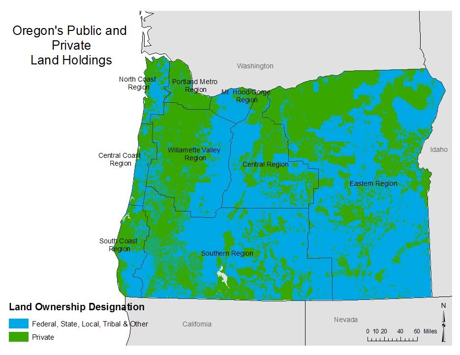 The percentage of public and private land in each region was estimated using geospatial data from Oregon s Department of Forestry.