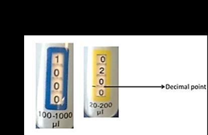 Please note that yellow lines in both P-20 and P-200 are at different positions. Our P-1000 pipette has no decimal points. A micropipette is always used with a tip.