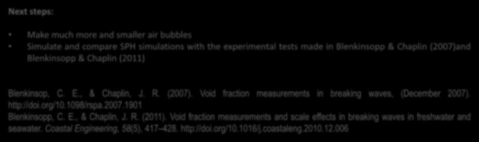 Next Steps DualSPHysics Next steps: Make much more and smaller air bubbles Simulate and compare SPH simulations with the experimental tests made in Blenkinsopp & Chaplin (2007)and Blenkinsopp &