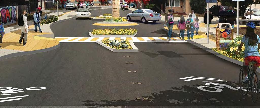 Design Guidelines Pedestrian & Bicycle Improvements Curb Extensions Curb extensions extend the sidewalk into street to reduce crossing distances for pedestrians and provide opportunities for