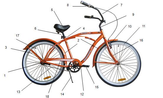 Parts List 1. Free Wheel with Rear Hub 2. Fenders 3. Fender Stay 4. Quick Release 5. Saddle 6. Seat Post 7. Handlebars 8. Grips 9.