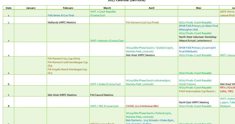 WFC ANNUAL CONVENTION 2017 CALENDAR OF EVENTS WHAT IS THE CALENDAR OF EVENTS? The terms of reference of the Women s Football Committee includes framing and monitoring an annual calendar of events.