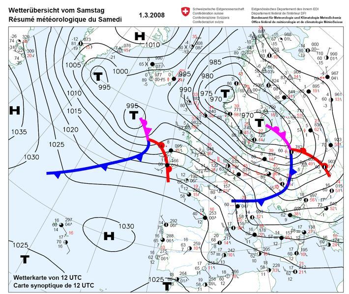 Joonis 1-2 - Euroopa ilmakaardi näidis [13]. Järgnevad lõigud kirjeldavad madalrõhkkondade ehk tsüklonite ja kõrgrõhkkondade ehk antitsüklonite mõju ilmale Eesti aladel.