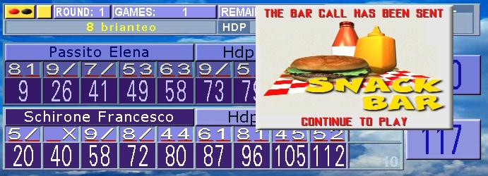 When a BAR-SNACK BAR CALL is activated from the bowler consoles, a flashing frame of the Bar and Snack Bar calls will continue to flash on the lane monitors without stopping play