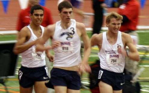 Nick Christie, #794 on right from Missouri Baptist, earned collegiate, NAIA and meet records in the 3,000 meter race walk with a very narrow victory over teammate Alex Chavez (left) and Cornerstone s