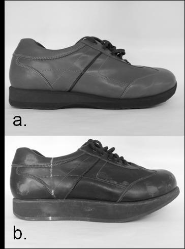 172 173 174 Figure 2: a) Control shoe and b) example rocker soled shoe used in the experiment. The rocker shoe had an 80 apex angle, 60% apex position and 20 rocker angle.