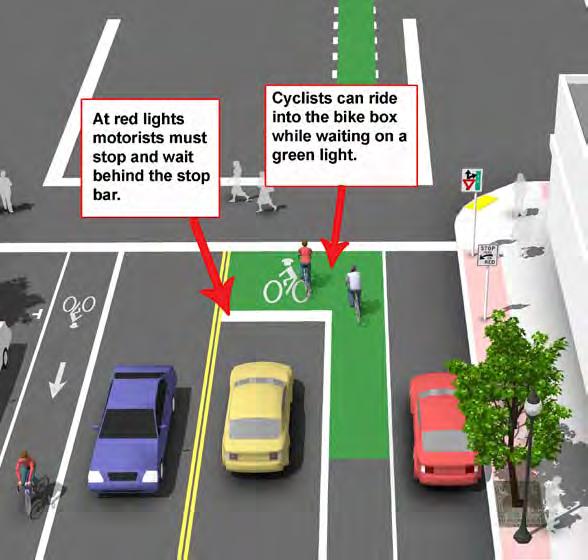 o A bicycle left-turn lane can be used to accommodate high volumes of left-turning bicycles. A bicycle left-turn lane would be placed to the right of a left-turn-only lane.