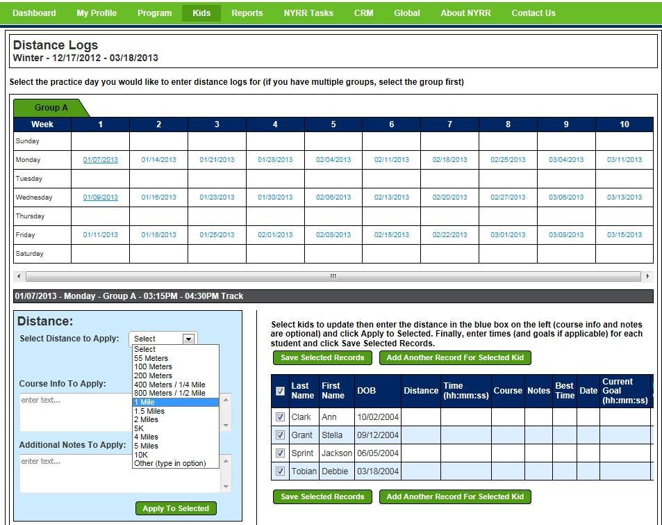 ENTER DISTANCE LOGS (including Mile Challenges) Use this page to track a student s distances, times, and goals.