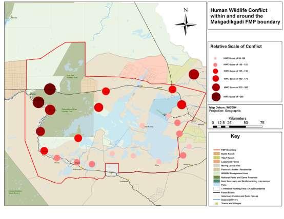 Figure 42: Results of the spatial evaluation of conflict in the Makgadikgadi region Note: This compares very well with the distribution of