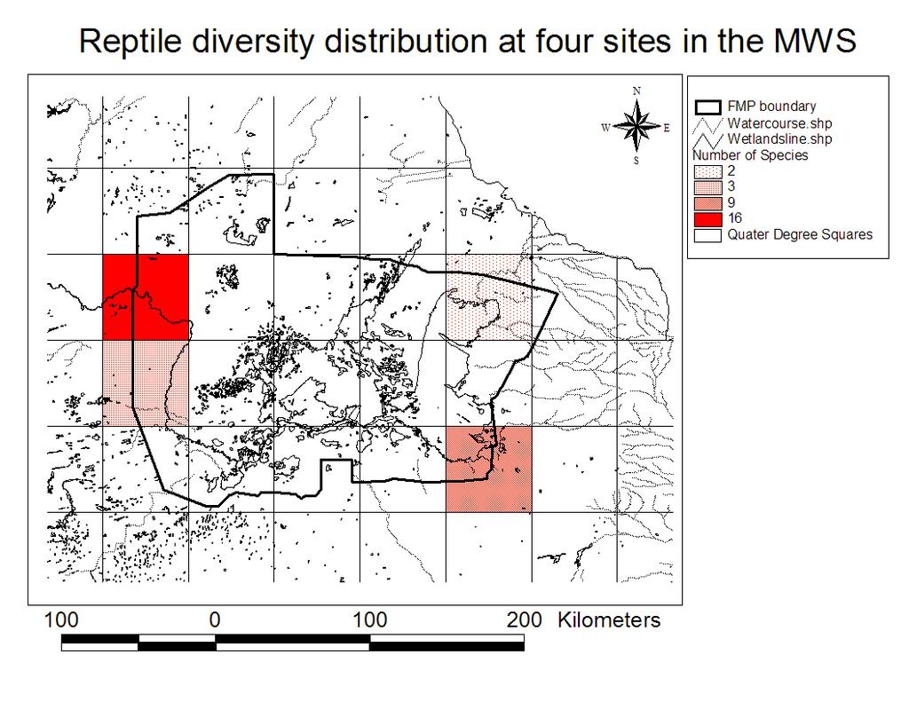 Figure 23: Spatial distribution map of reptile diversity in the MWS, taken from historical records at four sites in the area Fish No official collections have been taken from Nata River or Sua pan,