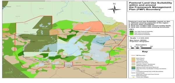 Figure 38: Pastoral Land Use Suitability map Previously identified areas were defined west of the Nata state ranches, north of Phuduhudu around bushman pits, east of Sua Pan and south of Mosu /