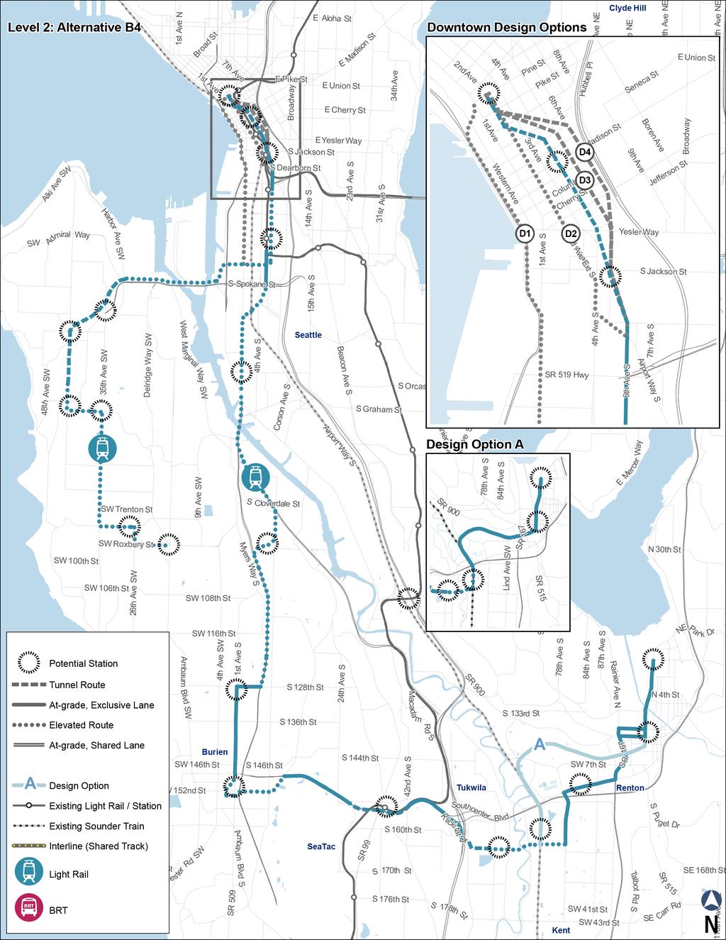 South King County High Capacity Transit Corridor Report Alternative B4 LRT Tunnel West Seattle Alternative B4 is an LRT alignment that travels via a mix of at-grade, elevated and tunnel profiles.